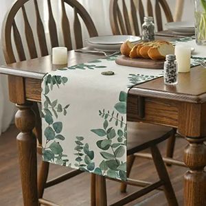 Runner da tavolo in lino con foglie di eucalipto, decorazione per la casa, stagione primaverile, estiva, verde, per feste, cene 240325