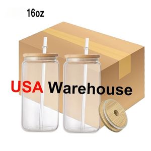 US CA LAGER 16oz Sublimationsglasbecher mit Strohhalm und Bambusdeckel, Dosenform, klare, gefrostete Bierkrüge, Eiskaffee-Soda-Tassen 0327