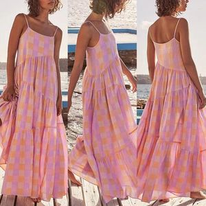 Casual Kleider Spaghetti Strap Langes Kleid Frauen Sommer Strand 2024 Weibliche Tank Böhmischen Lattic Kleidung Für