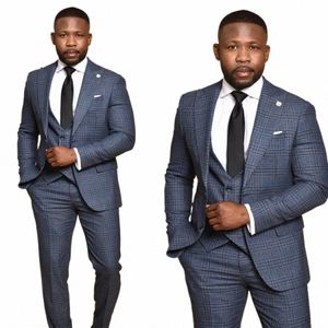 men's Suits Tailored 3 Pieces Blazer Vest Pants Peaked Lapel Plaid Stripes Slim Fit Formal Modern Wedding Custom Made Plus Size 67vX#