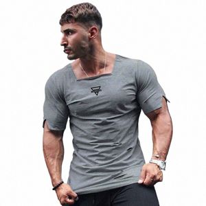 cott Square Collar Mens Running T-Shirt Gym Bodybuilding Fitn Training Clothing Retro Hole Slim Fit Breathable Summer Shirt V34Y#