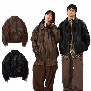 Retro PU Jaqueta de Motocicleta Homens Mulher Japonesa Solta Streetwear Bomber Jaquetas De Couro Primavera Outono Casual Carga Outwear Unissex A1J7 #