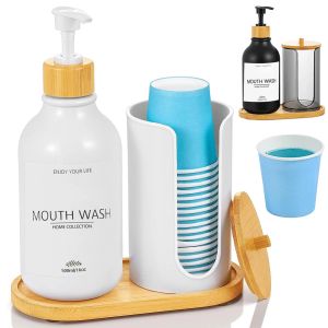 Spender 16oz Mundwasser -Spender Set für Badezimmer Mundwasser Pumpenflasche Nachfüllbares Mundwasserbehälter mit Bambusdeckel/Tablett/Etikett