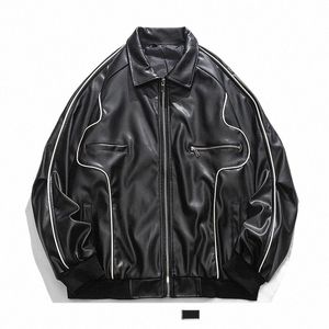 Casual skórzana kurtka Mężczyźni Spring Motorcycle High Street Baseball Bomber Jacki Unisex Loose Korea Style Varsity Coat Para Q19o#