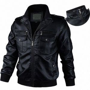 Casual Vintage Faux Leather Jacket Men Zip Up Stand Collar Leahter Coat Men Autumn Winter Motorcykel Mänjacka Multi-Pockets Y9st#