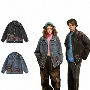 Koreańska retro w dżinsowa kurtka mężczyzna Kobieta Fi Autumn Patchwork Spring Cowboy Jackets Płaszcz Ogółźdzona para Harajukum w B5rh#