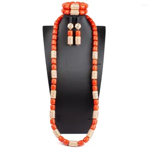 Necklace Earrings Set Artificial Coral Beads Jewelry 41inches Long Bridal Statement African Gift WE315