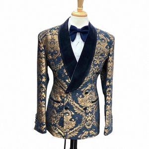 Kwiatowy Jacquard Blazer dla mężczyzn Prom Slim Fit z podwójnie piersi palenie Veet Męski szal Lapel Fi płaszcz 2024 N9ZA#