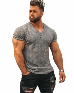 men V Neck Short Sleeve T Shirt Fitn Slim Fit Sports Strips T-shirt Male Solid Fi Tees Tops Summer Knitted Gym Clothing B54i#