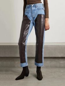 Kvinnors jeans dekonstruerade läder skarvade hög midja Y2K mode mångsidig tvättad och sliten rak byxor 2024 sommar