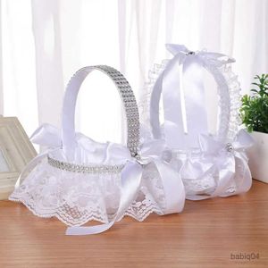 Storage Baskets Wedding Basket Ring Flower Storage Basket Flower Girl Basket with Heart Buckle Satin Ribbons Hanging Basket for Wedding