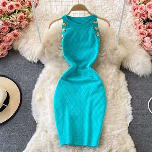 Korean Summer New Round Sleeveless Knitted Hanging Neck Off Shoulder Sexy Wrapped Hip Short Dress 906948