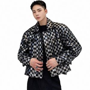 IEFB -paljettbroderad Plaid Short Men's Jacket Chic Design Lapel dragkedja med kort kappa 2023 Ny höst överdimensionerade kläder 9Y9983 Z0FK#