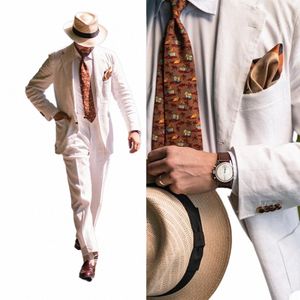 handsome Summer Men Blazer Suits Vintage Linen Casual Single Breasted Custom Made White Tuxedos Beach Streetwear Jacket b82H#