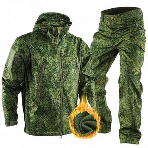 RU Camo Tactical Set Men Military Shark Skin Soft Shell Jackets+Army Multi-Pocket Cargo Pants 2 PCS Suits Waterproof Fleece Set I30g#