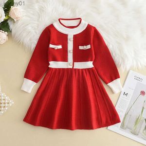 Kız Elbiseleri Yeni Yıl Kırmızı Kız Örgü Yün Uzun Kollu Dişli Elbise Bahar ve Sonbahar Yeni Kız Bebek Yay Moda Noel Kıyafetleri YQ240327