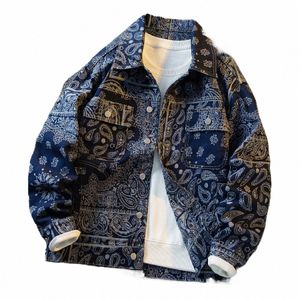 autumn Retro Ethnic Style Jacquard Denim Jackets Men's Handsome Loose Casual High Street Workwear Jacket Tops Male Clothes 10pi#