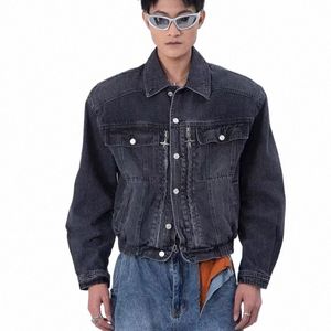 short Retro Cargo Denim Jacket Man Casual Metal Zipper Design Cowboy Jackets W Spring Autumn Male Harajuku Varsity Outwear a3Ug#