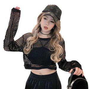 Womens sexy short top hollow long sleeved T-shirt black hollow long sleeved T-shirt 240327