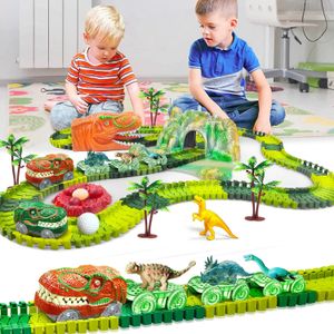 Dinosaur Train Toys skapar en World Road RaceFlexible Track Playset Dinosaurs Race Car for Old Boy Girls 240313