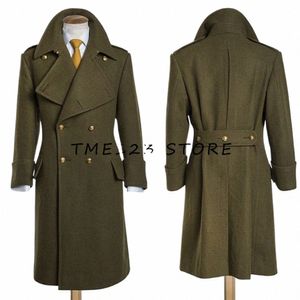 Męskie okopy płaszcze Zielony Trench płaszcz męski wełniany płaszcz V-Neck Slim, podwójny busin Busin Casual Winter Zime Oress Pleats Man Australia E1xh# Z240606