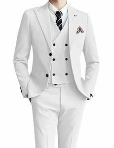 2024 Solidny biały garnitur męski formalny ślub Groomman Tuxedo podwójnie piersi elegancki szczupły fit Blazer 3 -częściowy zestaw vestido de novia 532a#