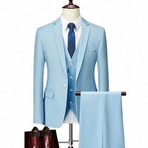 men Slim Busin Casual Suits Dr Three piece Set Jacket Pants Vest / Male Wedding Groom Blazer Coat Trousers Waistcoat b5cf#