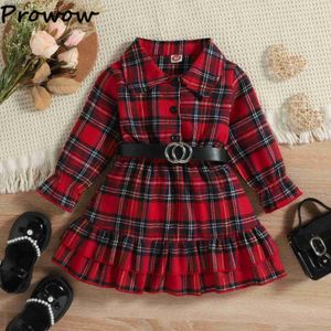 Girl's Dresses Kids Dresses For Girls Turn Down Collar Belted Red Plaid Shirts Dress Children Clothing Party Dresses For Girls yq240327