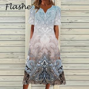 Letnie sukienki dla kobiet eleganckie v szyję z krótkim rękawem luźne imprezę plażową Dres Casual Long Sukienka Boho 240320