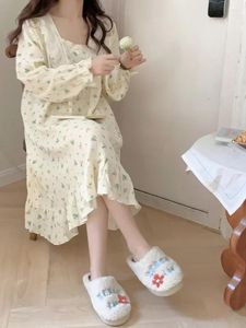 Women's Sleepwear Wear Sleeve Winter Women Nightgown Sleepdress Nightdress Autumn Floral Soft Cotton Crepe Lace Home Gauze Print Long