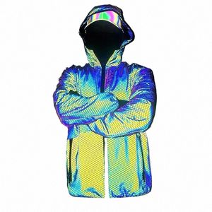 nuovi uomini di arrivo scala giacche colorate riflettenti autunno hip hop streetwear DJ punk cappotti manica lunga con cappuccio riflettono la luce w8WB #