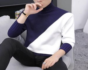 Ano novo casual quente meia gola alta camisola masculina de malha retalhos suéteres masculino moda coreana pullover3539377