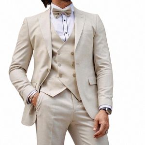 latest Beige Men Suit 3 Pieces Wedding Groomsman Tailor-made Elegant Mariage Blazer Vest Pants Formal Party Slim Fit Costumes u0CO#