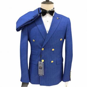 FI Plaid Suits For Men Slim Fit Double Breasted Blazer Pants 2 Piece Set Prom Wedding Busin Suit Luxury Mens Tuxedo 8706#