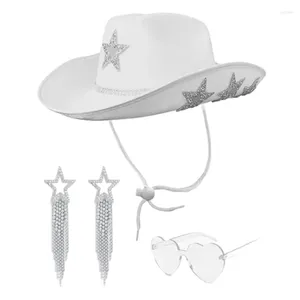 Berretti Strass Cappello da cowboy Orecchini Occhiali da sole a cuore per addio al nubilato Cavaliere Versatile Club Stage Bar