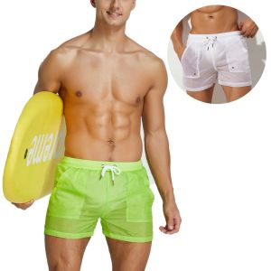 Dräkter man vit transparent sexig badkläder bikini boxer shorts gay se genom stammar baddräkt Bermudas surf baddräkt strand trosor