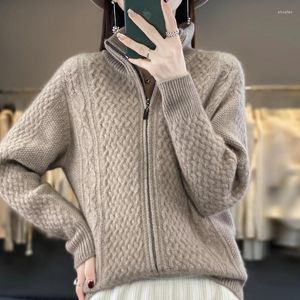 Kvinnors stickor Cardigan Spring/Autumn Wool tröja Casual Knitwear Fit Ladies Tops Stand Collar Jacket Thicked Blus