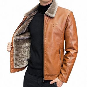 Vinterfi värme förtjockad läderjacka LAPEL SOLID dragkedja design plus storlek 4xl-m Bomber Coat Men's Leather Jacket T1FQ#