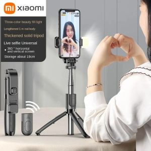 Çubuklar Xiaomi Selfie Stick Kablosuz Bluetooth Uyumlu Katlanabilir Mini Tripod Dolgu Işık Deklanşör Uzaktan Kumanda