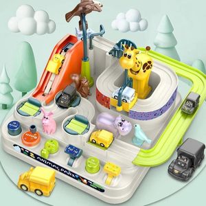 Mini Track Car For Children Train Set Cars Toys Didactic Games från 3 till 7 Rails Racing Boy Blue Interactive Animals Adventure 240313