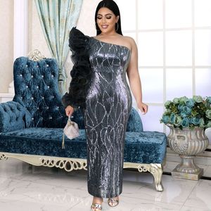 AM030519 Plus Size Sequin Diagonal krage Mesh Sleeves Banket Women's Party Dress 504456