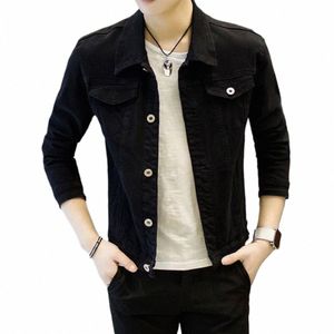 Männer Frühling Herbst Denim Jacke drehen-unten Kragen Lg Hülse Slim Fit Casual Jacke Oberbekleidung D3G0 #