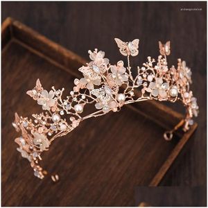 Hårklämmor Barrettes Rose Gold Color Butterfly Barock Crown Band Flower Tiara Crystal Bridal Diadem for Women SMYCHIRY DROP DELIVE OTU8O