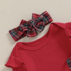 Set di abbigliamento Tutina natalizia per bambina a maniche lunghe in alce con abito a bretelle scozzese e fascia per capelli