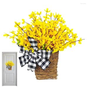 Flores decorativas primavera grinaldas de porta para frente fora falso flor decoração de casamento com xadrez bowknot casa