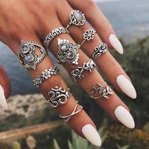 Cluster Rings 11 Pcs/Set Bohemian Vintage Elephant Leaves Flower Cross Personality Ring Set Women Wedding Party Jewelry Gifts