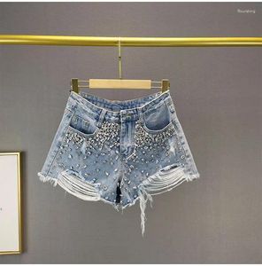 Kvinnors jeans vatten diamanthål toassel bred ben sommar shorts 2024 all-match hög midja rhinestone pärlor casual a-line short