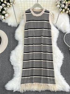 Casual Dresses 2024 Summer Fashion Black Rands O Neck Women Vest Dress Y2K Eesthetic Hollow Out Sleöneless Patchwork Tassel Loose