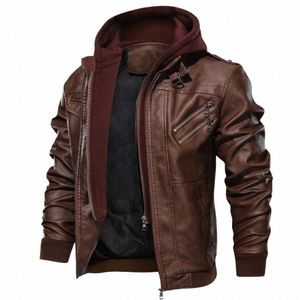 Herbst und Winter Vacati Zweiteiler Ledermantel Herren Kapuzen Motorrad Lederjacke Abnehmbarer Hut Mantel Punk Rock Mantel 70zC #