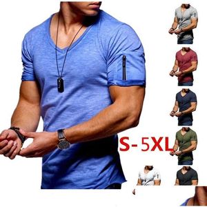 Men'S T-Shirts Mens 9 Colors T Shirts V-Neck Stretch T-Shirt Solid Color Zipper Design Short Sleeve Bottoming Shirt Casual Clothes Dro Dhac0